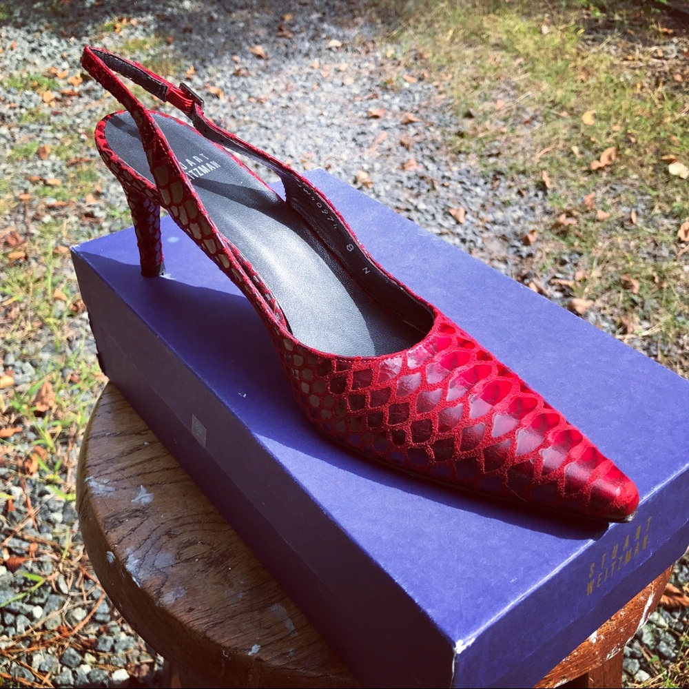Stuart Weitzman Red Snakeskin Pointed Slingback H… - image 8